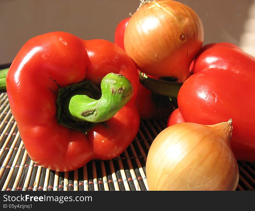 still life with peppers and onions