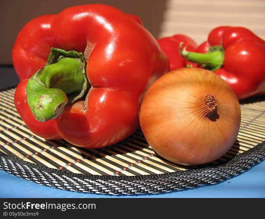 still life with peppers and onions