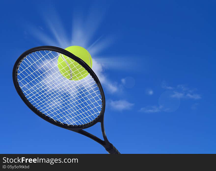 Tennis racket on a sky background with sun and a tennis ball. Tennis racket on a sky background with sun and a tennis ball