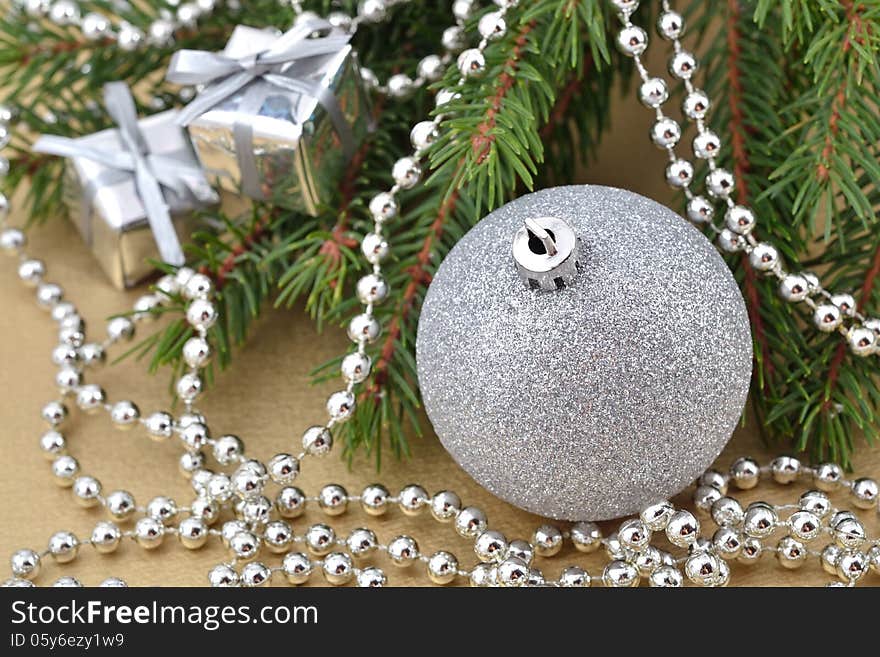 Christmas decorations on a spruce branch