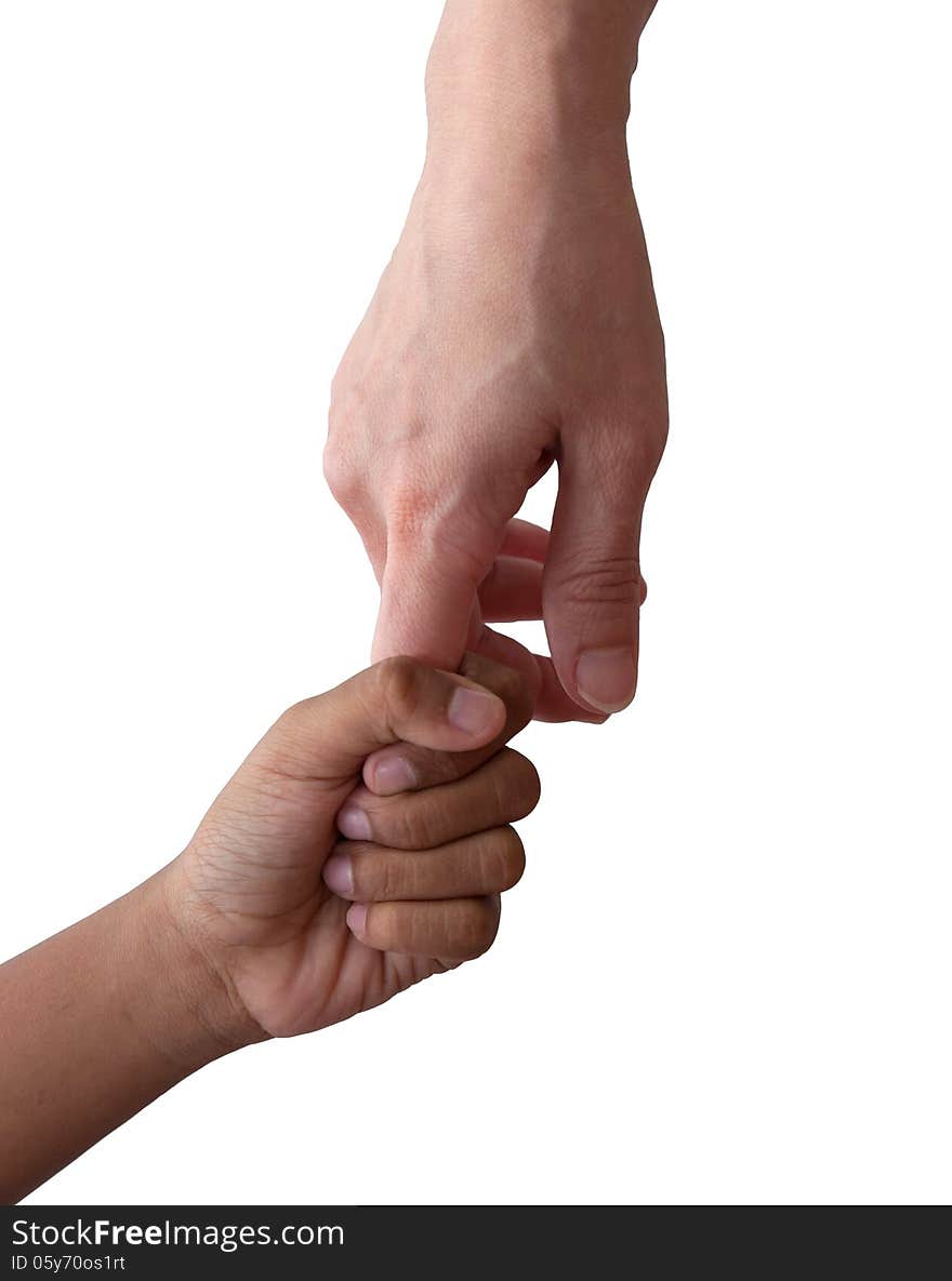 Hand in hand on a white background.