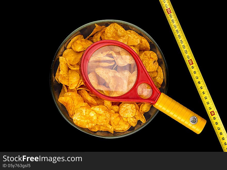 A bowl of potato chips with loupe and metering rule, isolated on black.