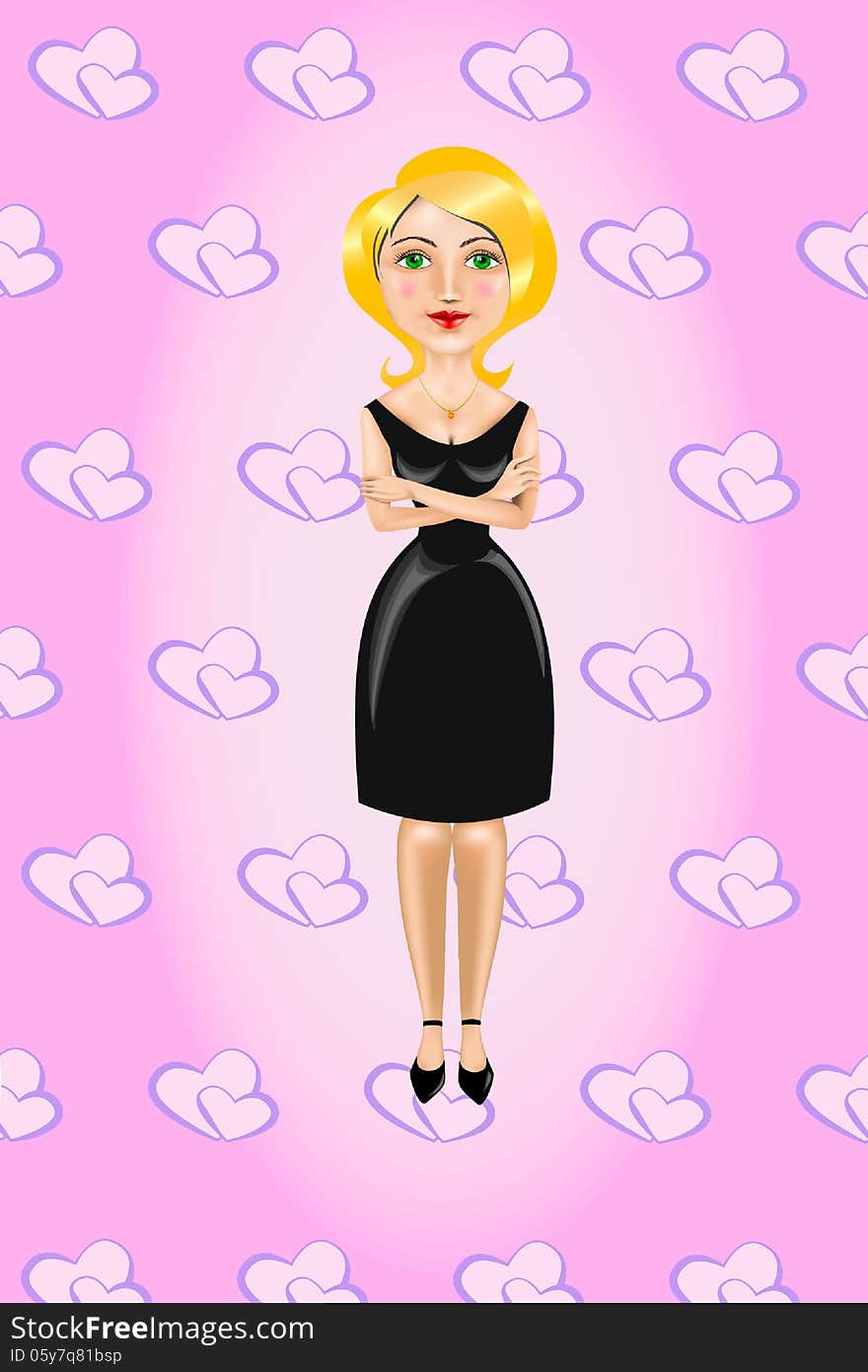 The cartoon illustration of blonde in black dress on pink background. The cartoon illustration of blonde in black dress on pink background.