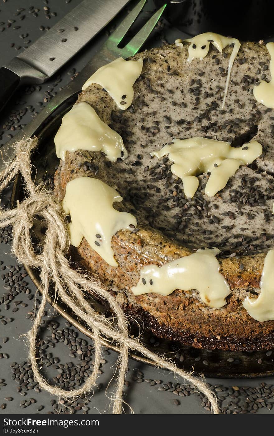 Cheesecake with black sesame seeds on Halloween. From the series Cheesecake for the holiday