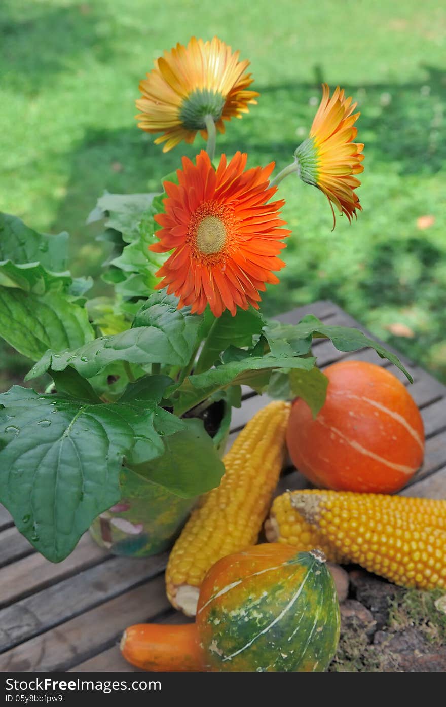 Colorful flowers and vegetables placed on a wooden table after after picking