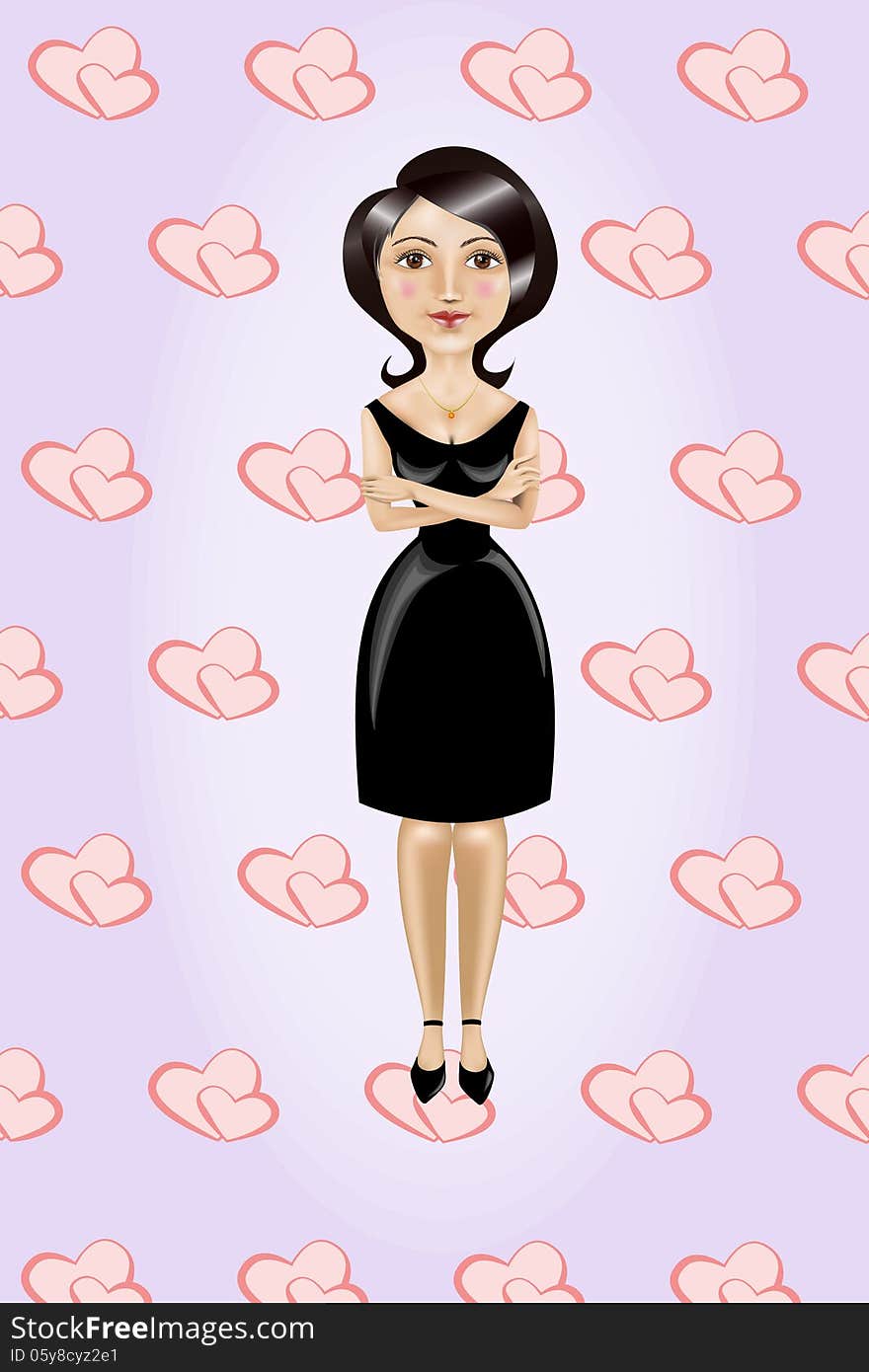 The vector cartoon illustration of brunette in black dress on lilac background. The vector cartoon illustration of brunette in black dress on lilac background.