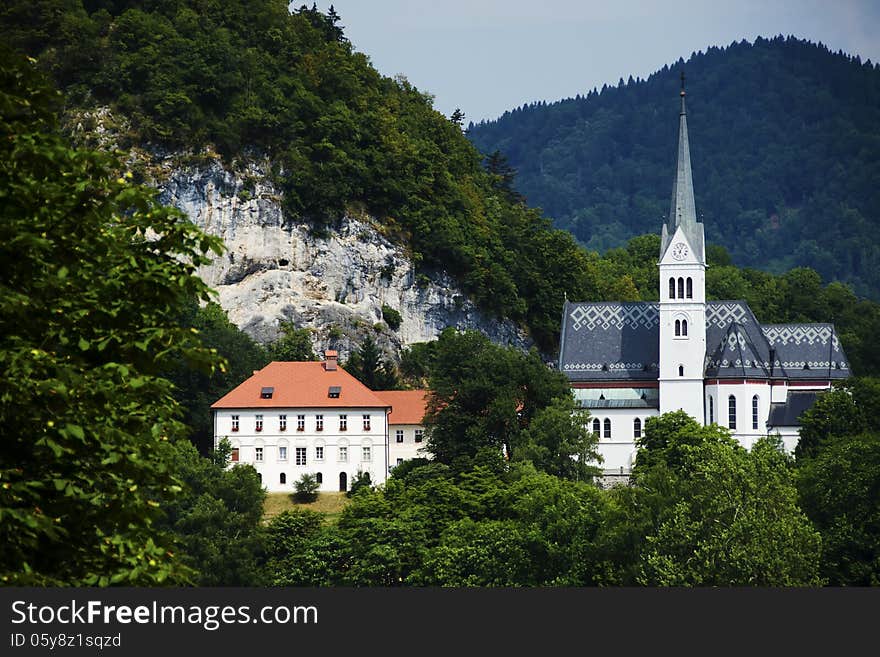 Scenic view of Bled church near the lake in Slovenia, Europa.