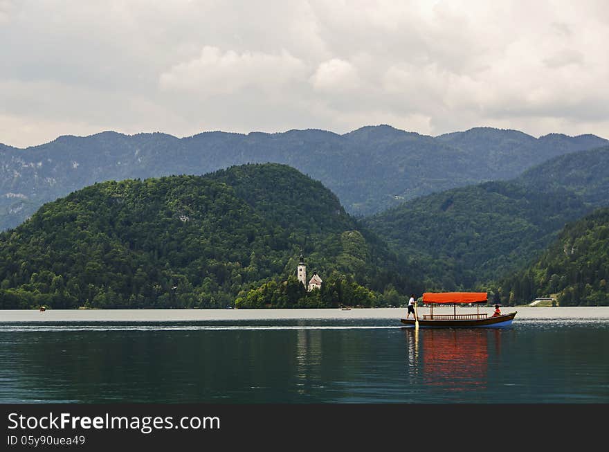 Colorful boat on Lake Bled. Slovenia, Europe