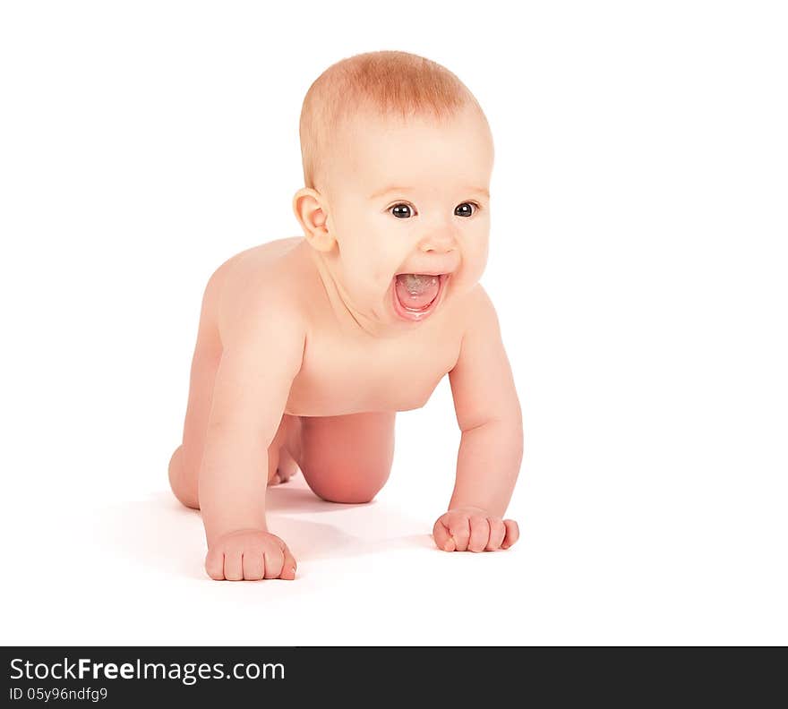 Happy naked baby isolated on white background