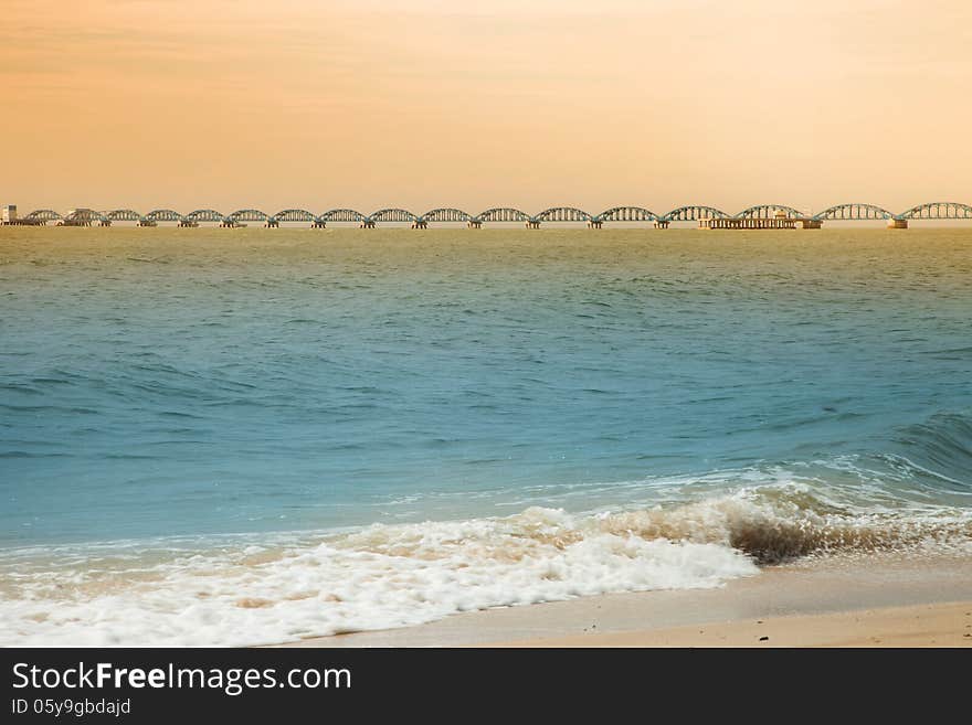 Distant view of the bridge in sea , Weizhou Island,China. Distant view of the bridge in sea , Weizhou Island,China.