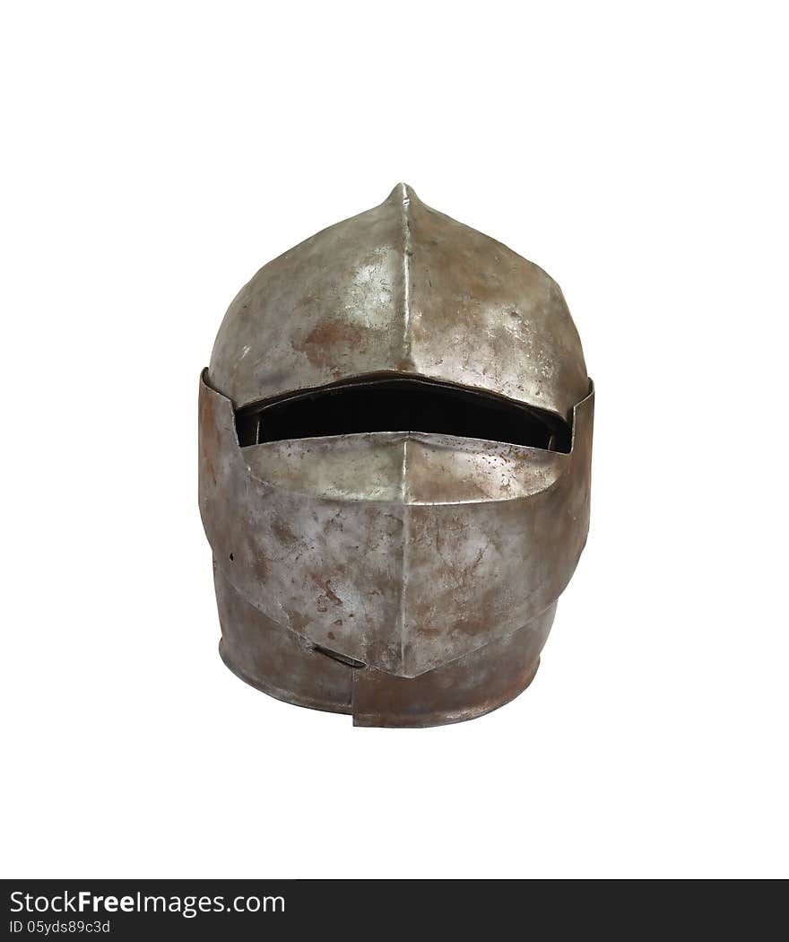 Ancient military iron knight helmet on white background. Isolated with clipping path. Ancient military iron knight helmet on white background. Isolated with clipping path