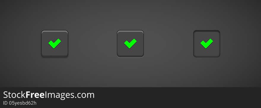 Three dark buttons with green check signs. Three dark buttons with green check signs.