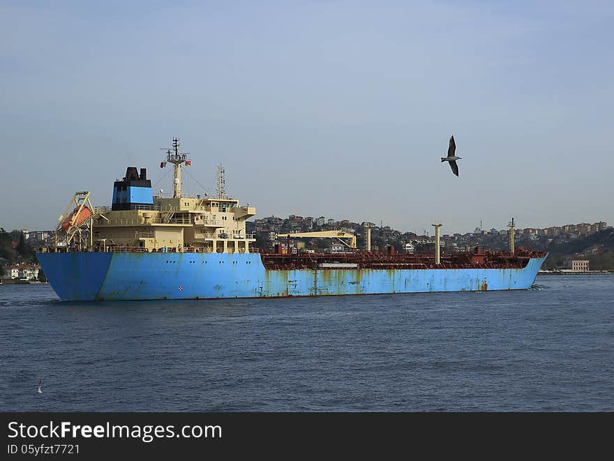 At a passing tanker ship from the Bosphorus