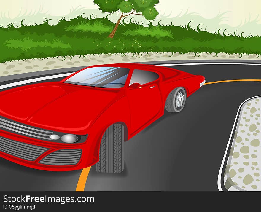 Sport car cartoon on the road with nature background. Sport car cartoon on the road with nature background