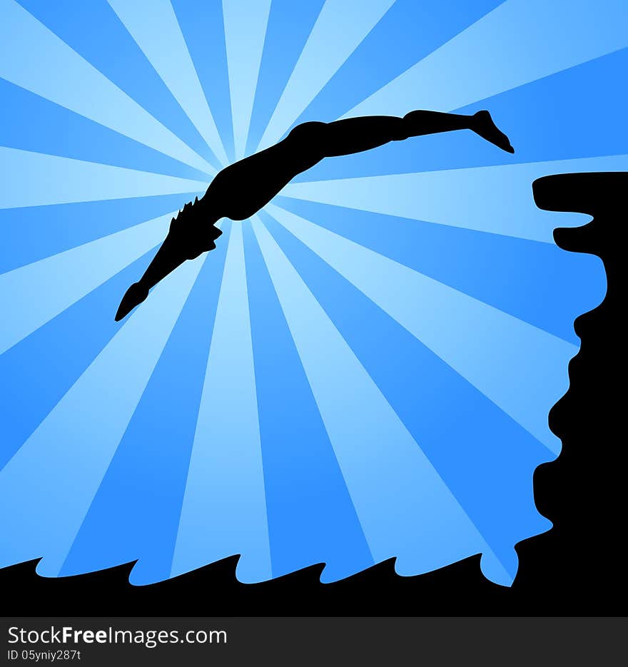 Silhouette of man jumping from cliff