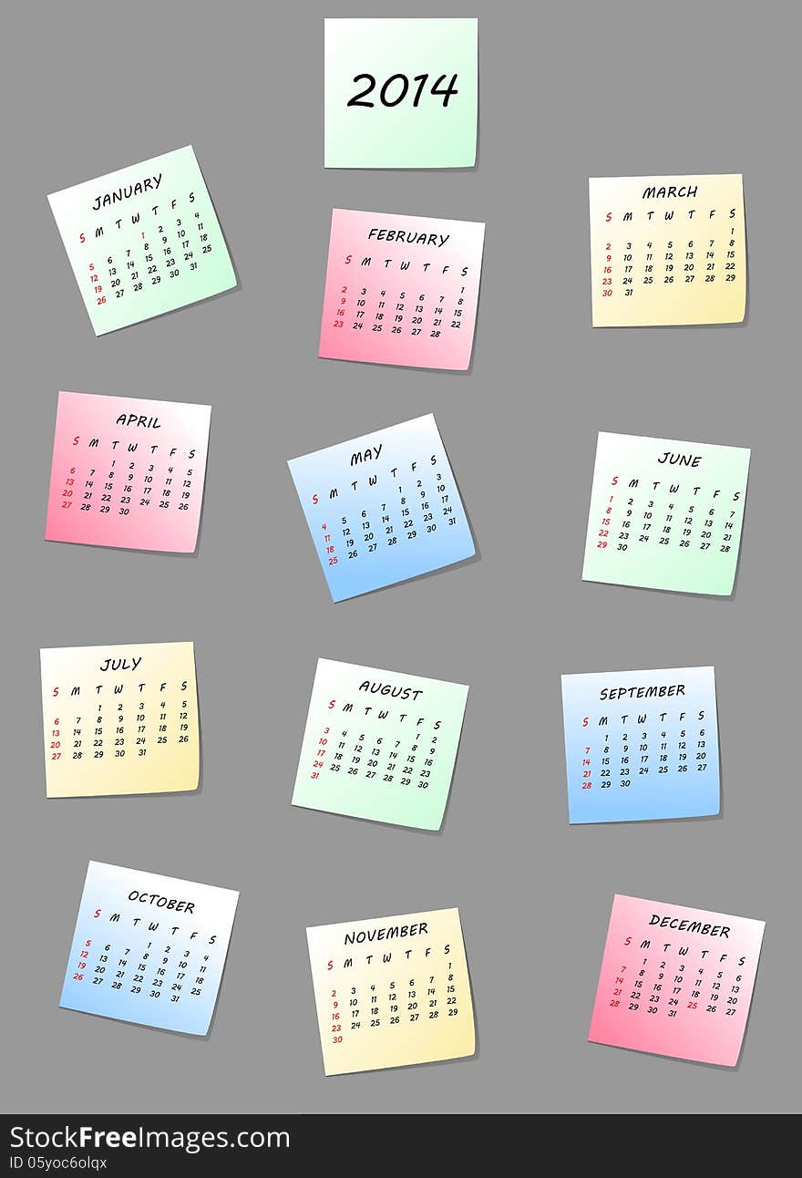 2014 calendar on paper notes