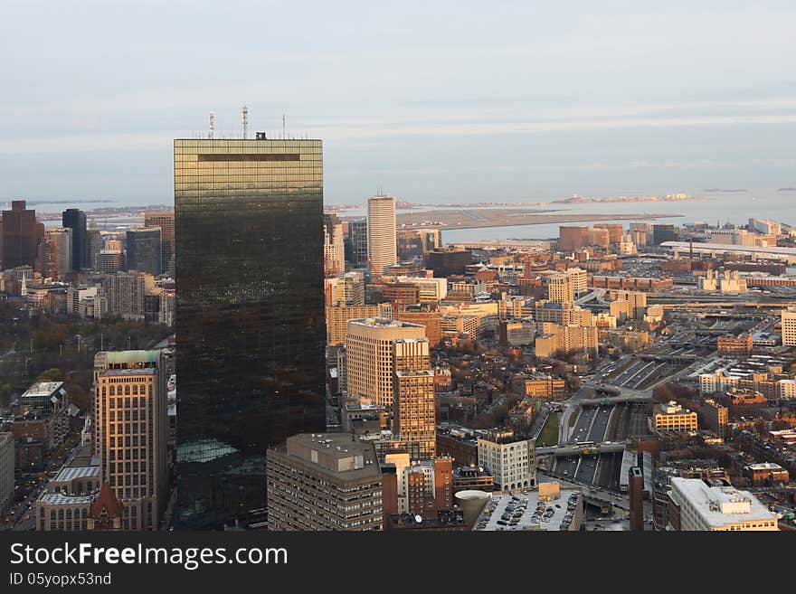 Aerial view of Boston at dusk on a cloudy November day.