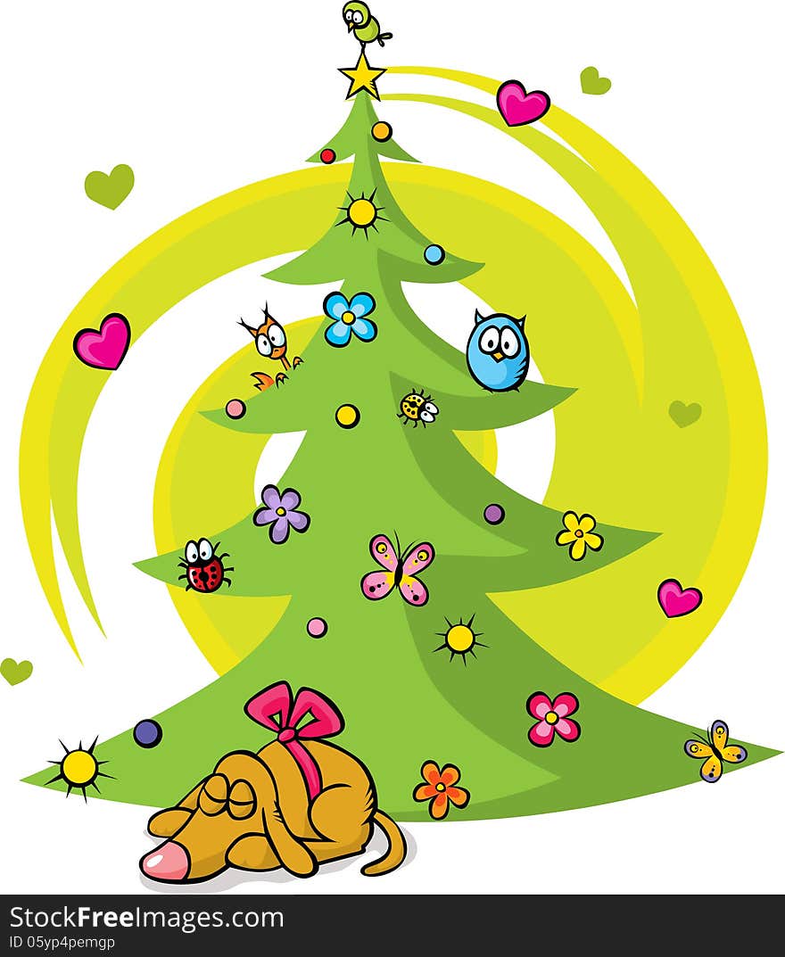 Christmas tree with dog, bird, flower, star and butterfly on white background