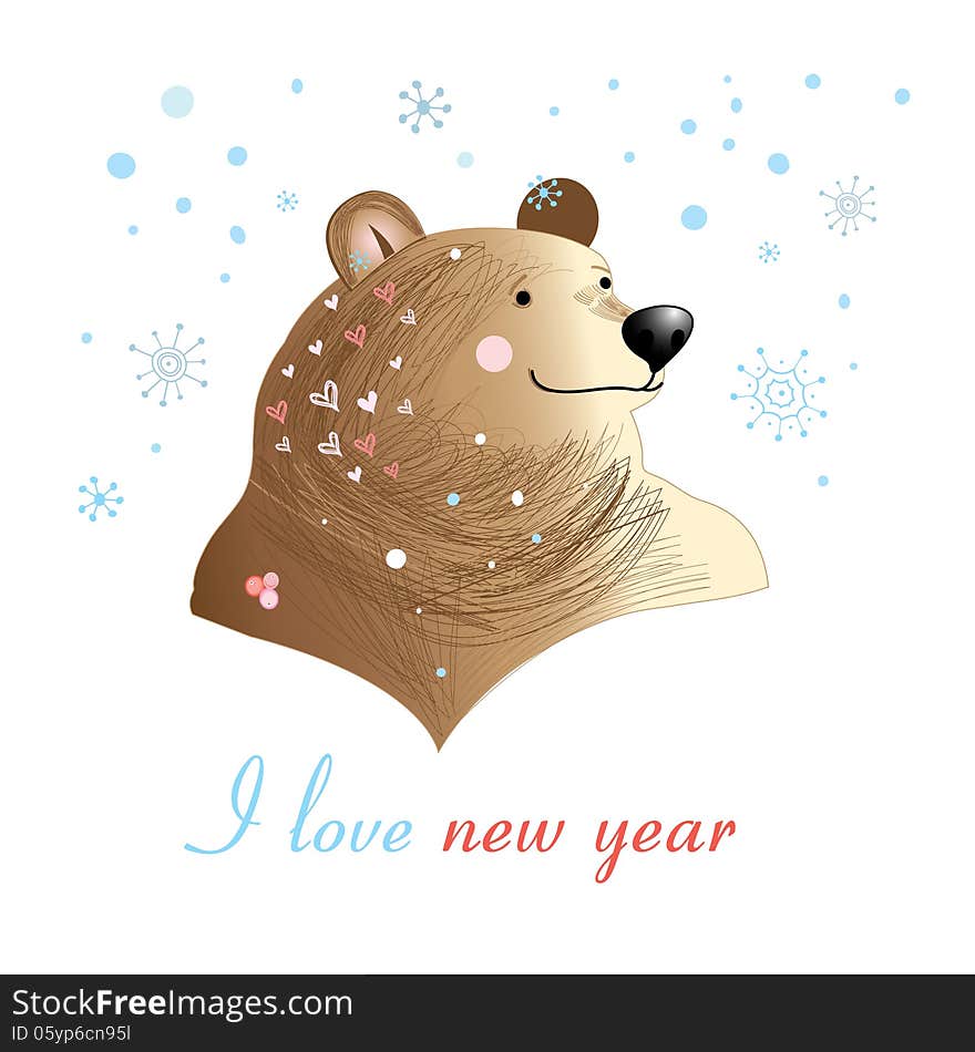 Christmas greeting card with a picture of a bear on a white background with snow. Christmas greeting card with a picture of a bear on a white background with snow