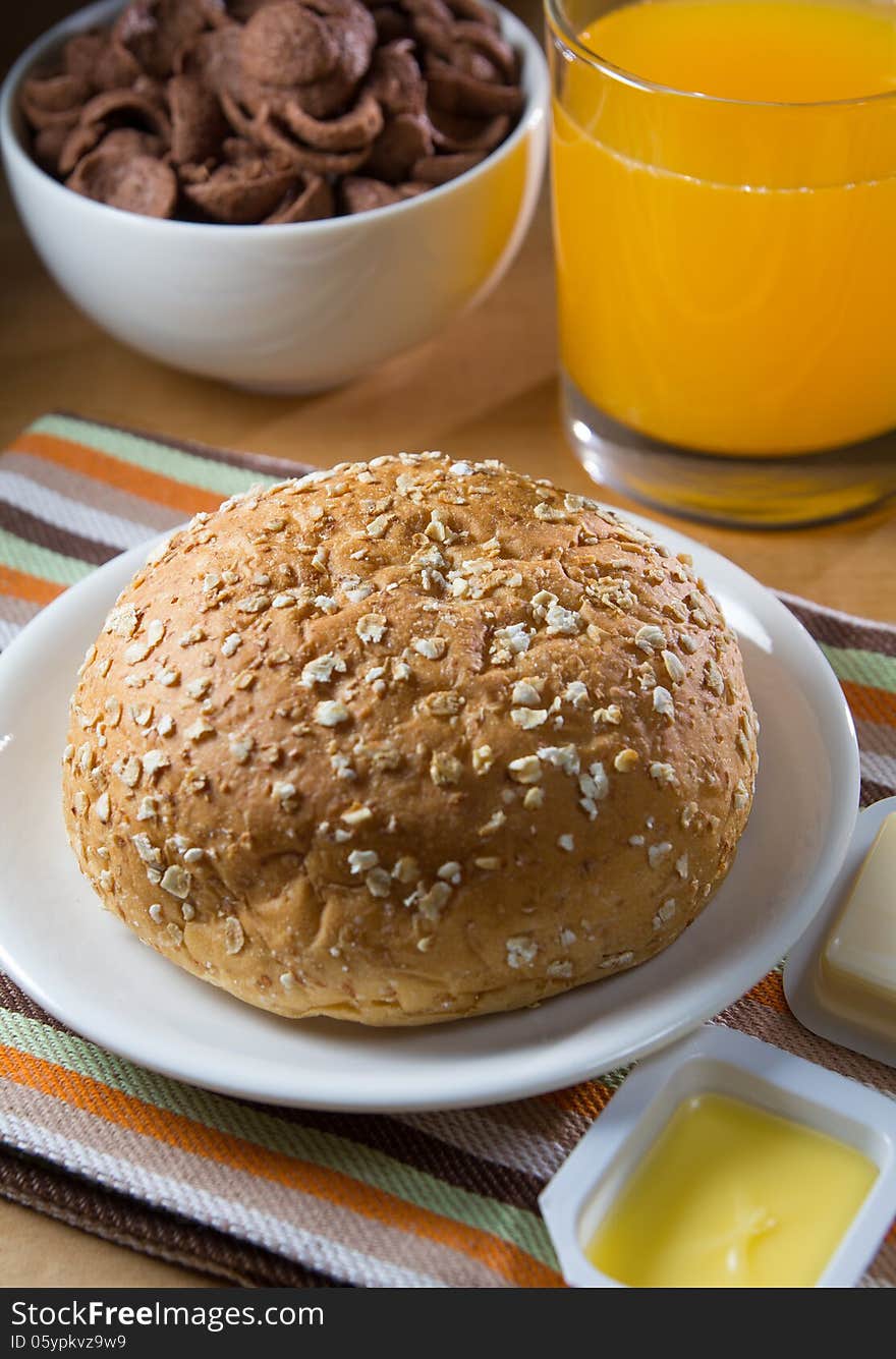 Breakfast set cornflake and oat bread.