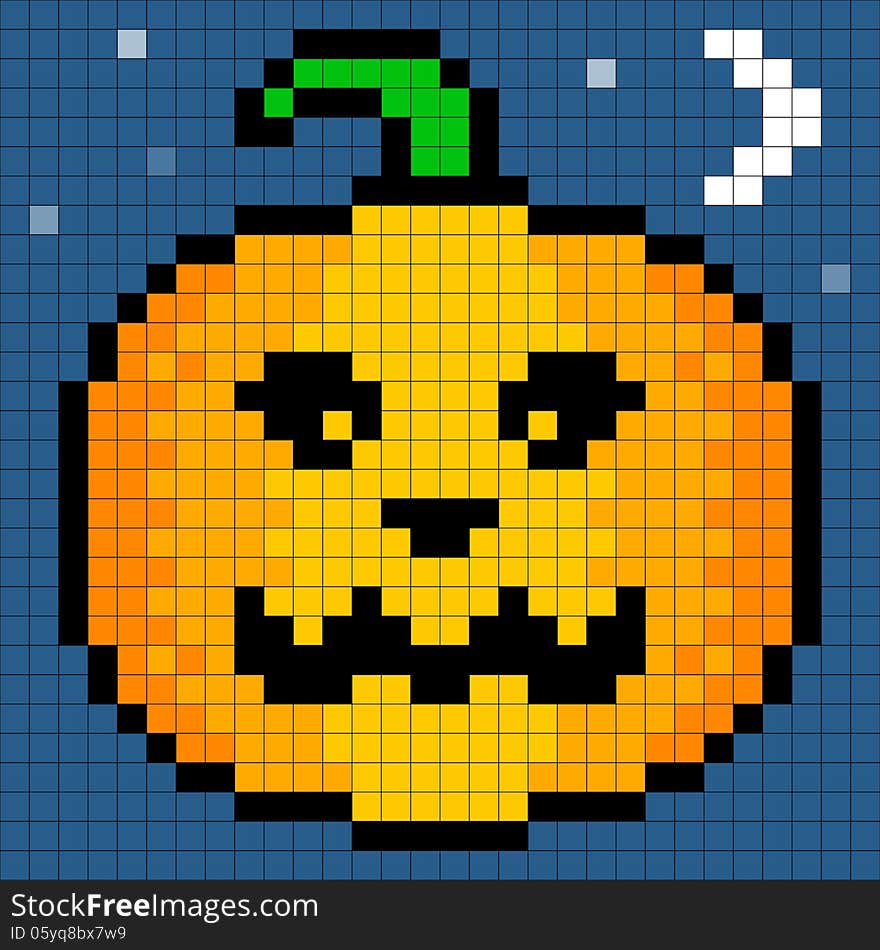 8-bit Pixel Art Halloween Pumpkin. Eyes, pumpking and background are on separate layers. Pixel grid is still intact for edits