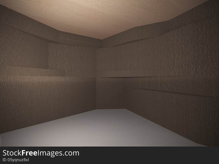 3D rendered of Futuristic interior with bark wood pattern wall