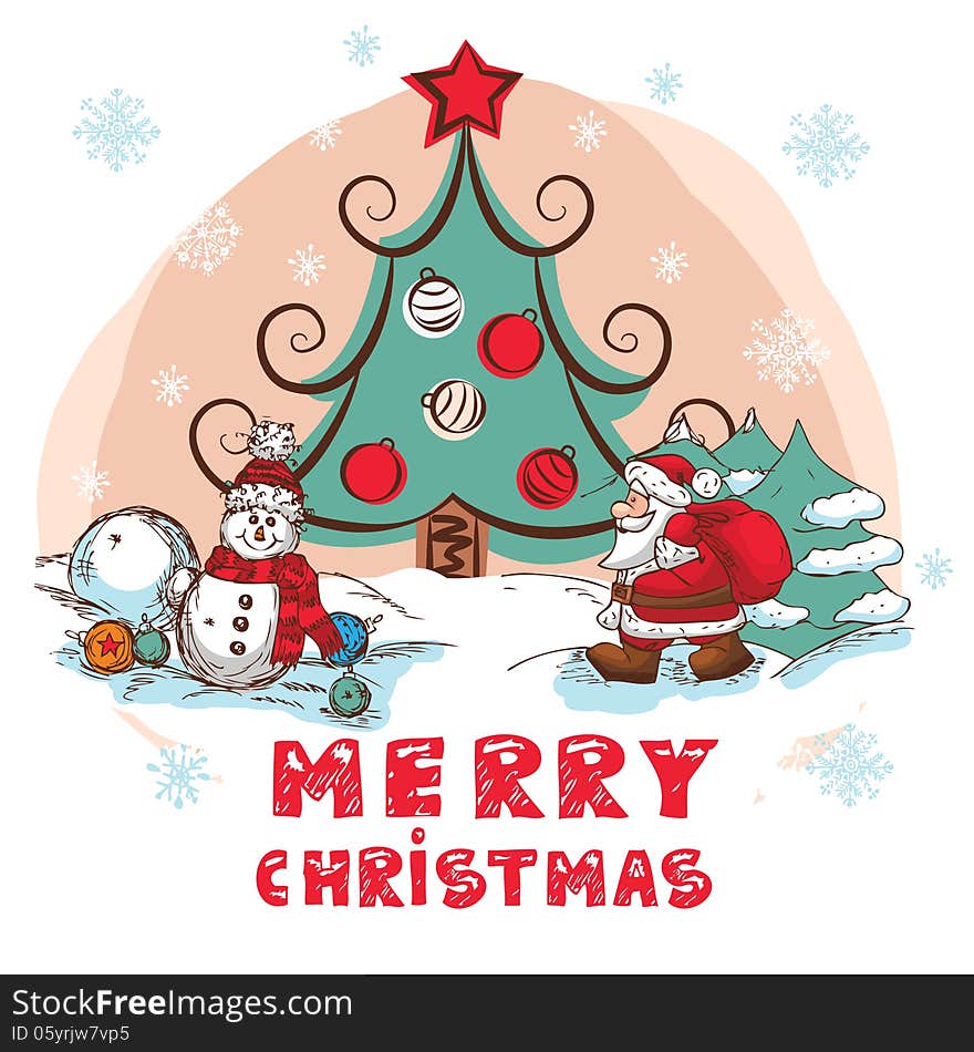 Christmas Illustration With Santa and Snowman - New Year Postcard In Retro style With Text - Vector. Christmas Illustration With Santa and Snowman - New Year Postcard In Retro style With Text - Vector.