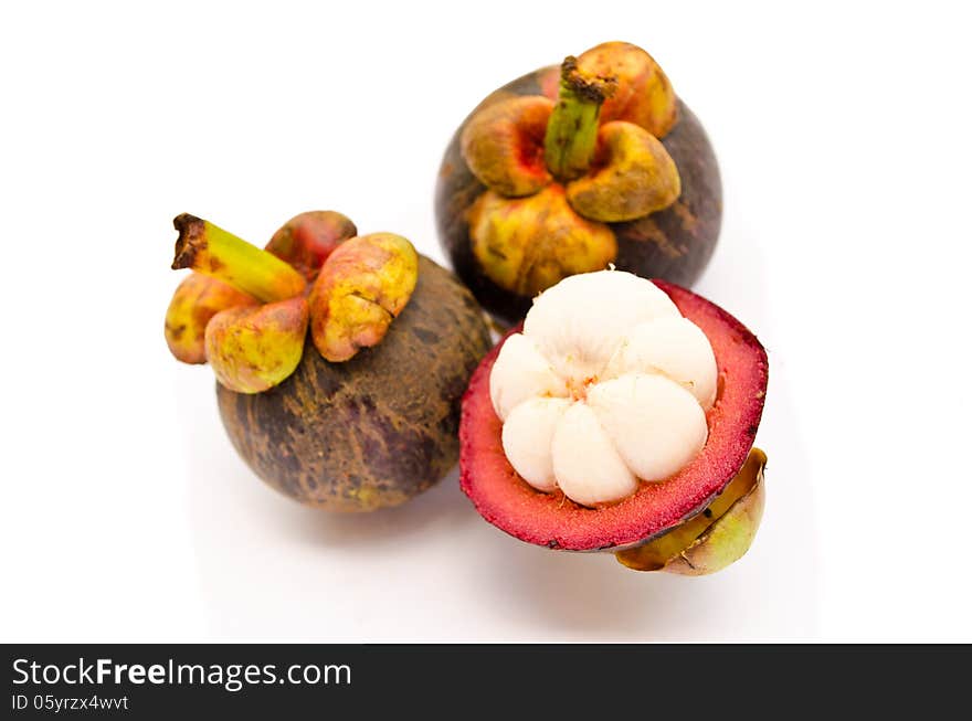 Mangosteen the queen of Thai tropical fruit grouping and isolated on white background