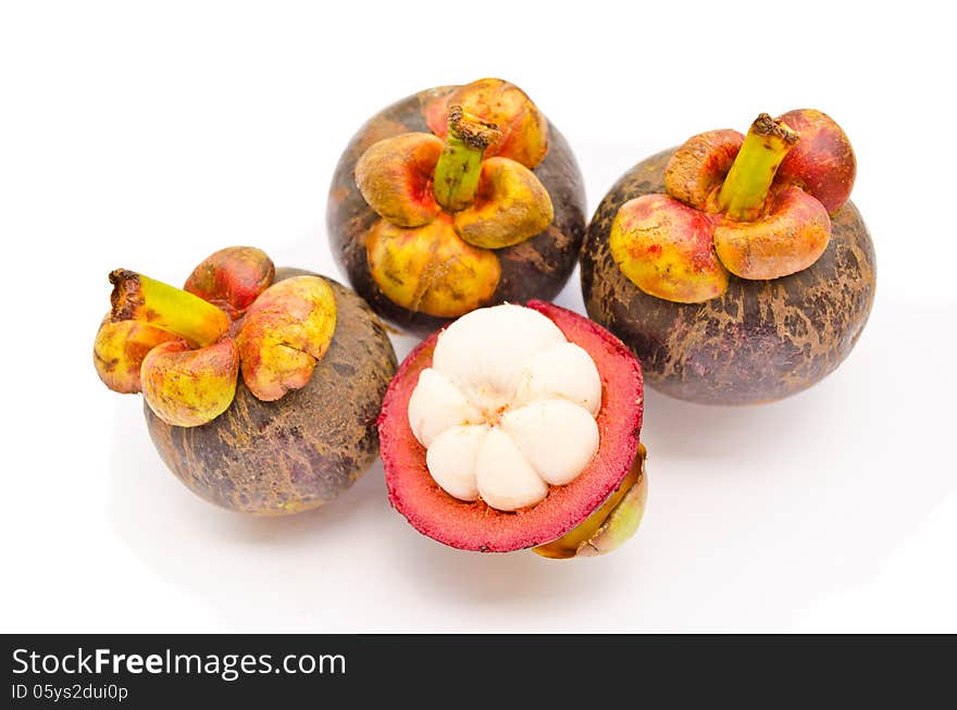 Mangosteen the queen of Thai tropical fruit grouping and isolated on white background