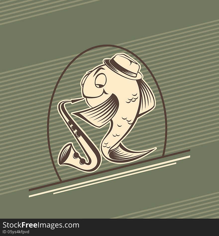 Retro fish-musician play music in saxophone. Retro fish-musician play music in saxophone