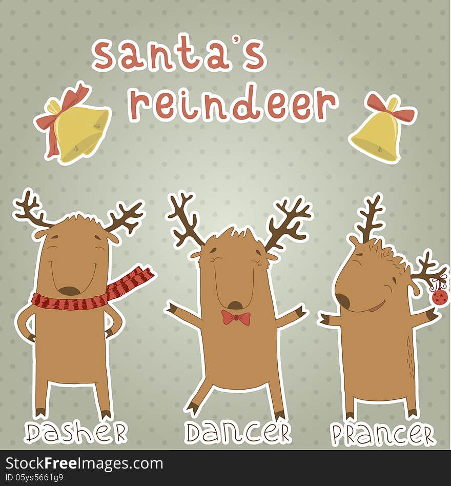 Set Of Labels With Santas Reindeer. Dasher, Dancer