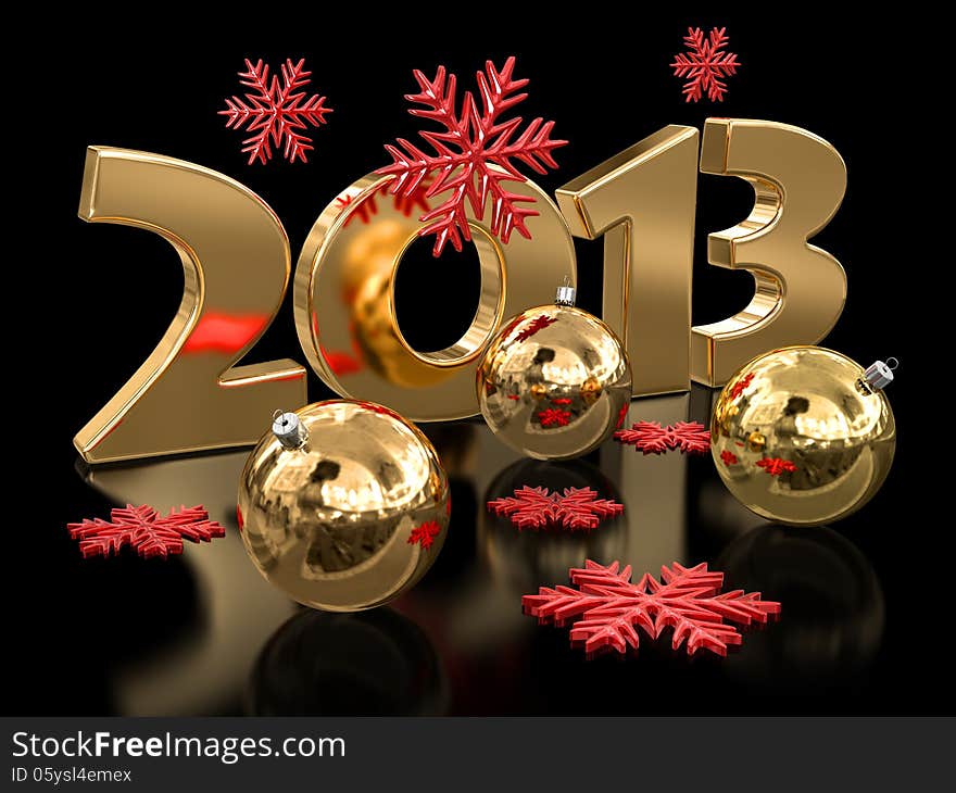 Gold 2013 and Christmas balls. Image with clipping path.