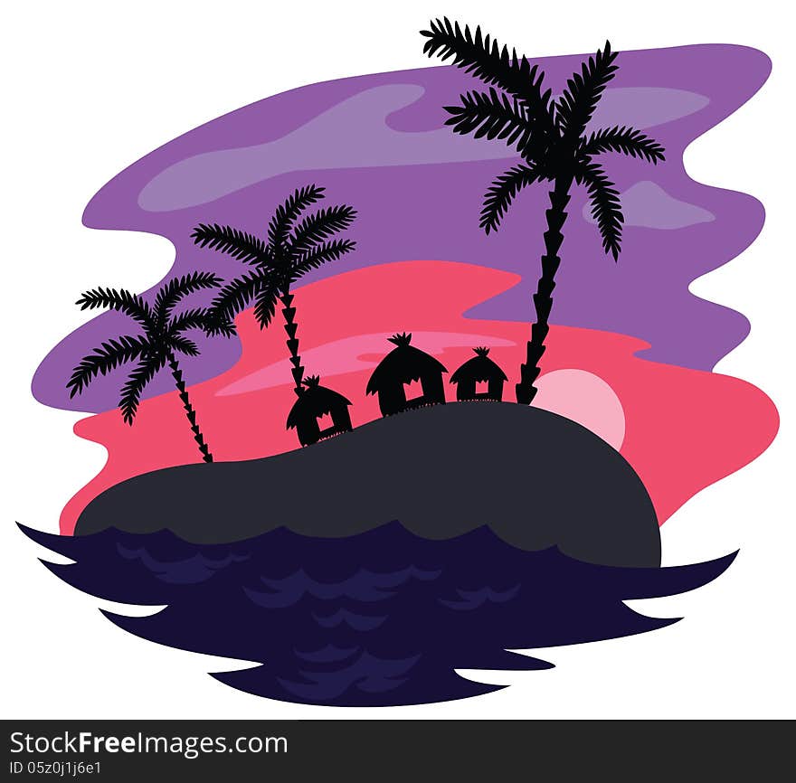 Tropical island, palms and the sunset