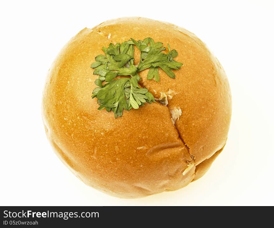 Isolated image of shred chicken mayo bread with coriander. Isolated image of shred chicken mayo bread with coriander