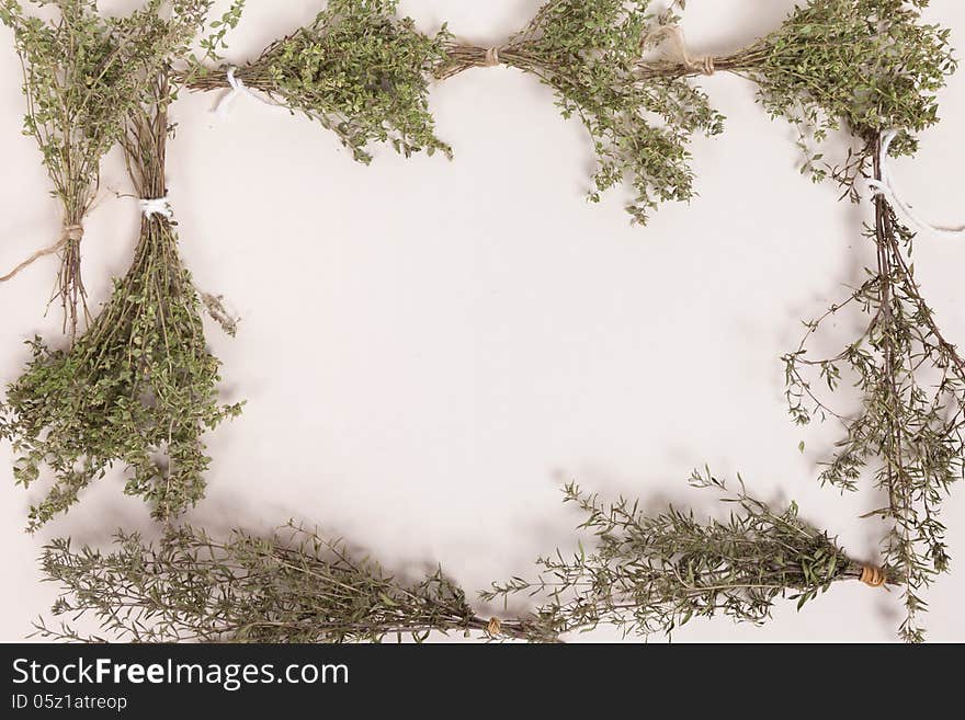 Bundles of drying thyme and savory herb create a frame against a white background with copy space. Bundles of drying thyme and savory herb create a frame against a white background with copy space.