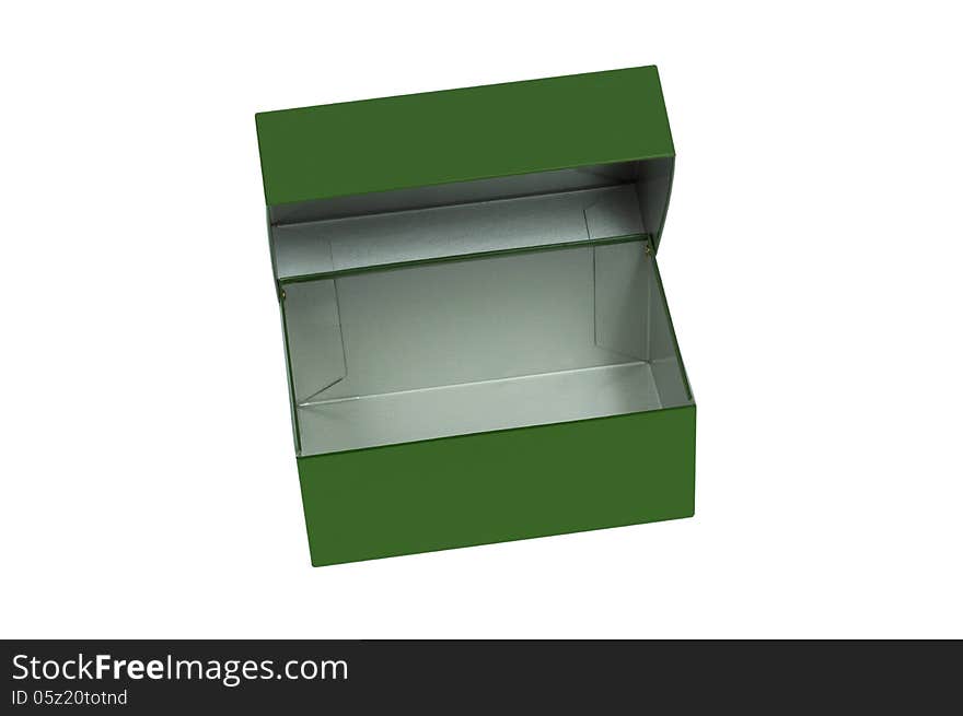 Shot of green metal vintage box with lid open and isolated on a white background. Shot of green metal vintage box with lid open and isolated on a white background.