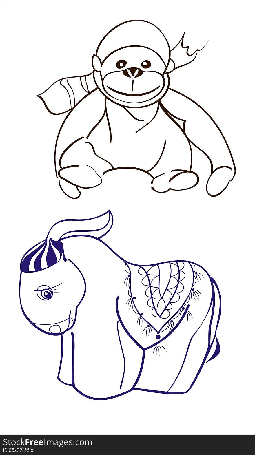 Chimpanzees and a donkey. Line drawing 2x items - toys. Chimpanzees and a donkey. Line drawing 2x items - toys.