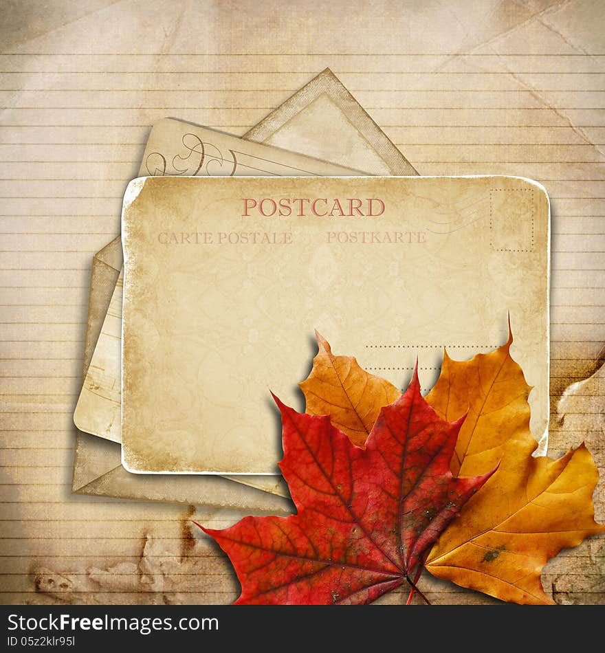 Grungy Autumn Background With Cards And Maple Leaves