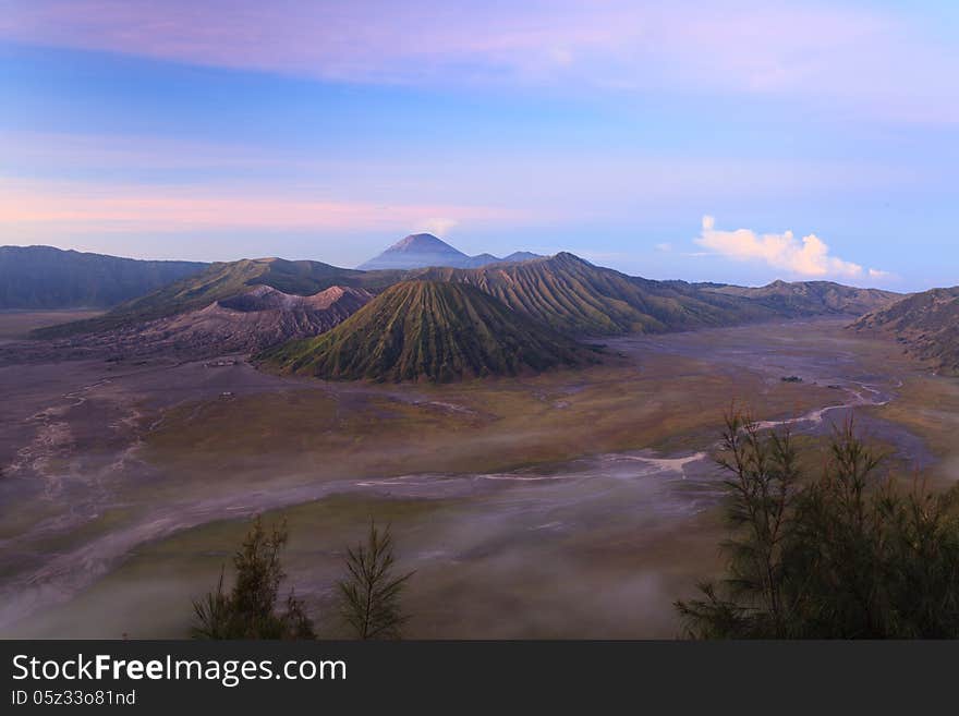 Bromo Volcano Mountain in Tengger Semeru National Park at sunrise, East Java, Indonesia