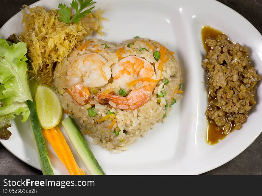 Fried rice with Chili shrimps Thai food heart form