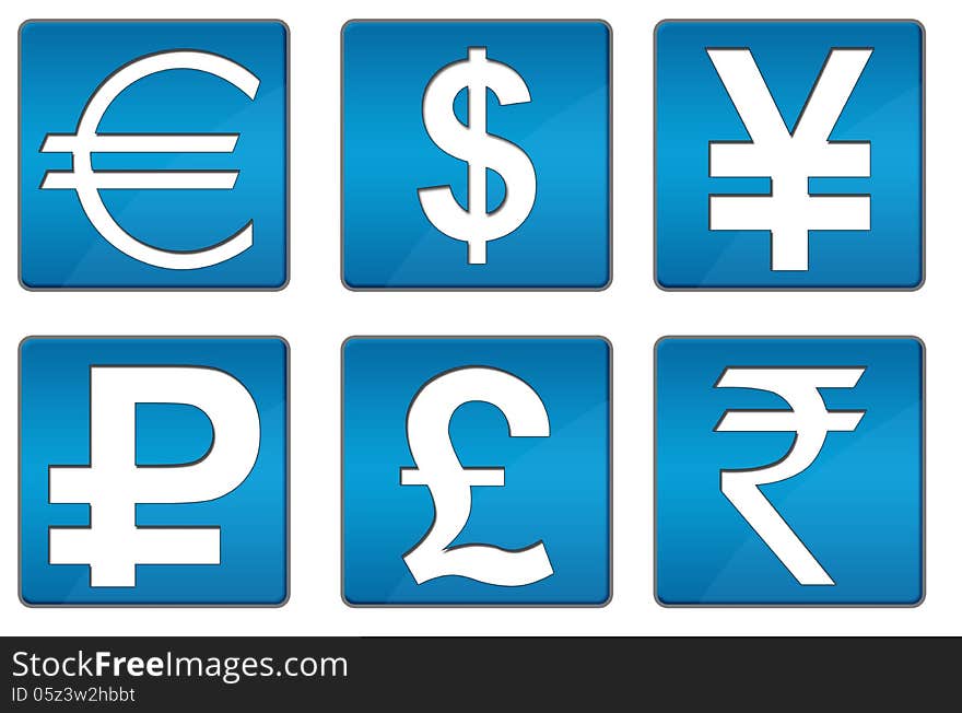 Image with different currency icons in blue background. Image with different currency icons in blue background.