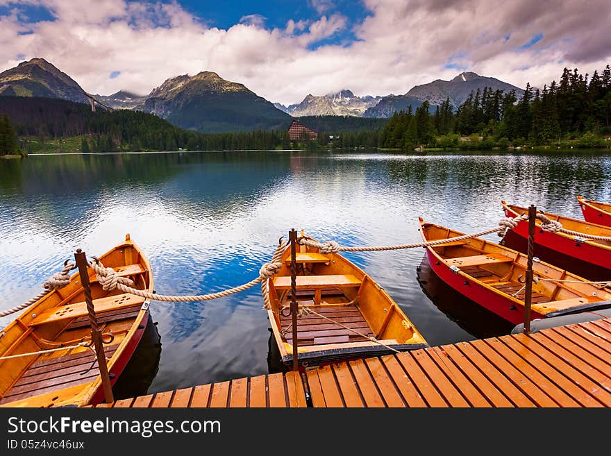 Mountain lake in National Park High Tatra. Dramatic overcast sky. Strbske pleso, Slovakia, Europe. Beauty world.