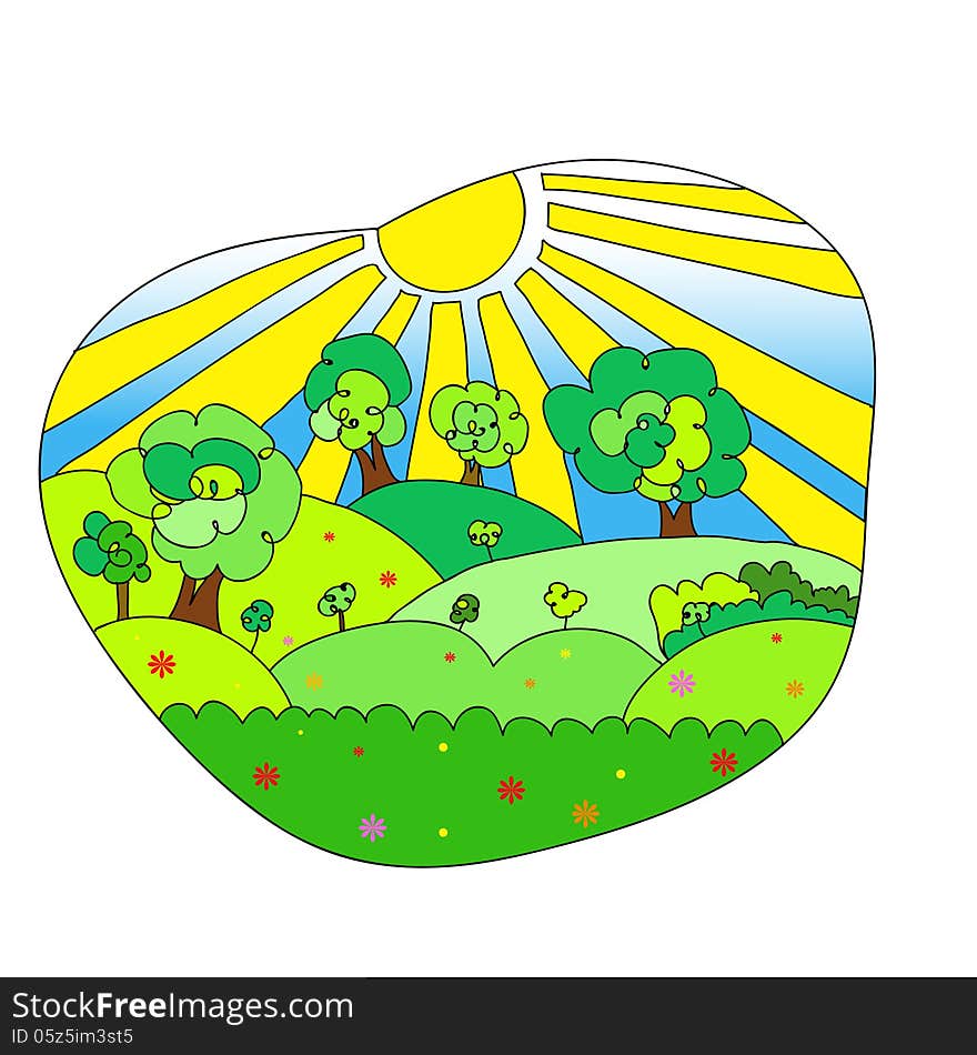 Hand drawn vector landscape with agrarian fields, village and mountains. Hand drawn vector landscape with agrarian fields, village and mountains