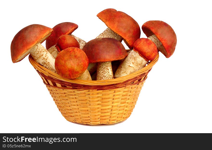 Mushrooms in a wicker basket on a white background.