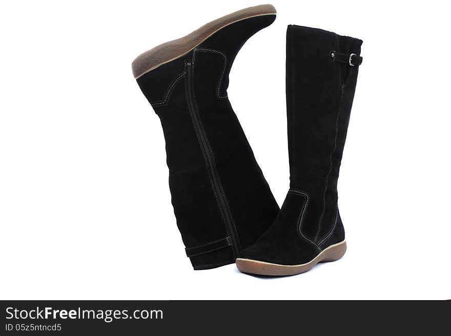 Warm winter womens black boots on white background