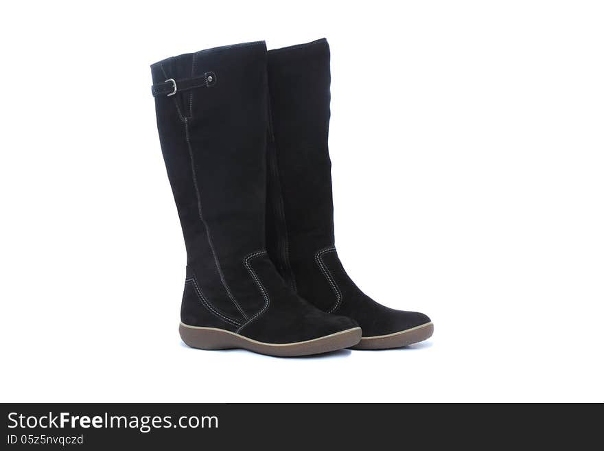 Warm winter womens black boots on white background