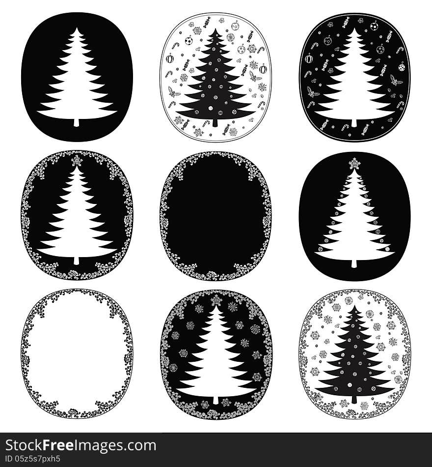 Hand Drawn Christmas Trees And Frames  Set