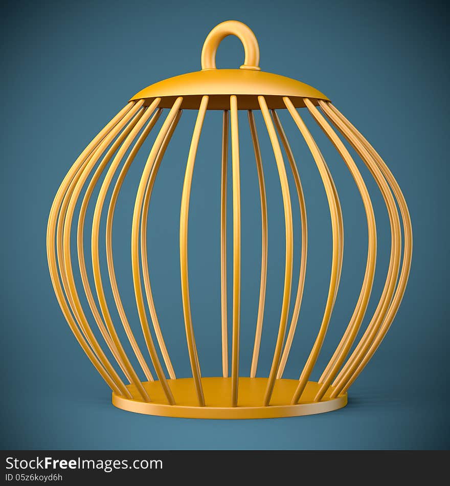 Golden bird cage on dark background. 3d illustration