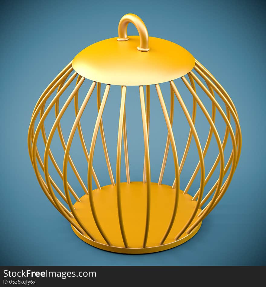 Golden bird cage on dark background. 3d illustration