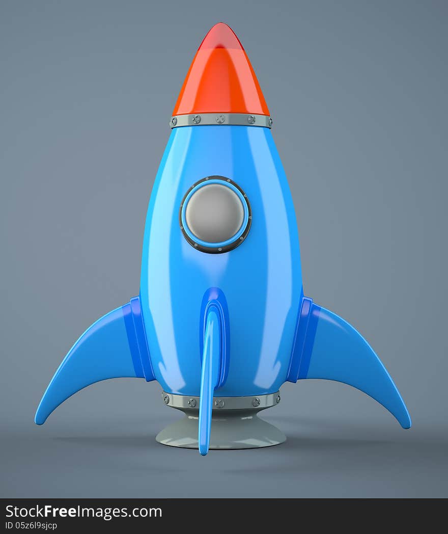 Blue cartoon-styled rocket on dark blue background. 3d illustration